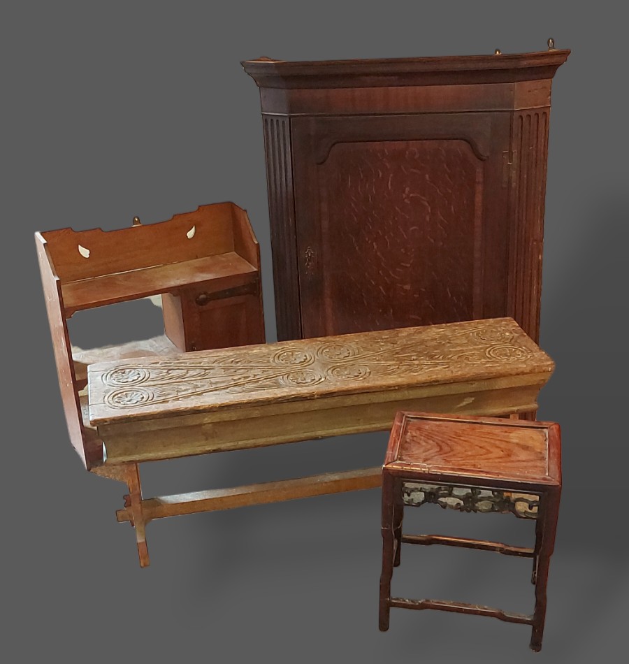 An Arts and Crafts oak handing wall cabinet, together with an oak hanging corner cabinet, a carved - Image 2 of 2