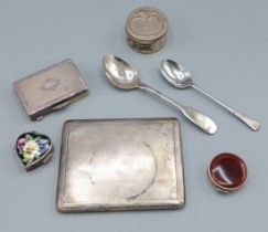 A 925 silver snuff box together with three silver small boxes, a London silver cigarette case and