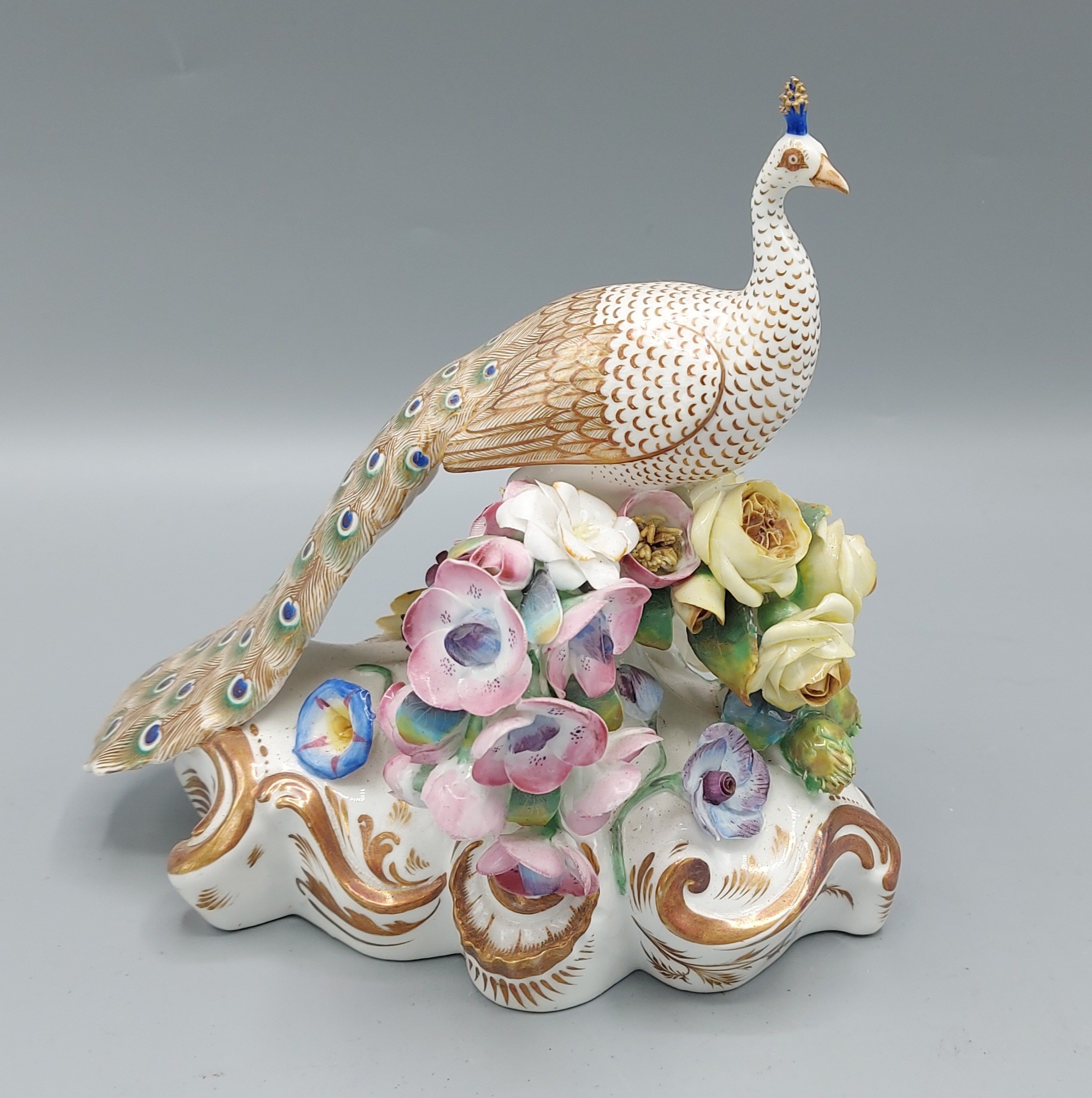 A 19th Century possibly Derby porcelain model in the form of a Peacock with foliate encrusted