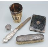 A London silver handled bread knife by William Comyns & Sons together with a silver mounted horn