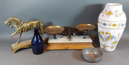 A pair of balance scales together with other items to include a Majolica vase