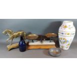 A pair of balance scales together with other items to include a Majolica vase