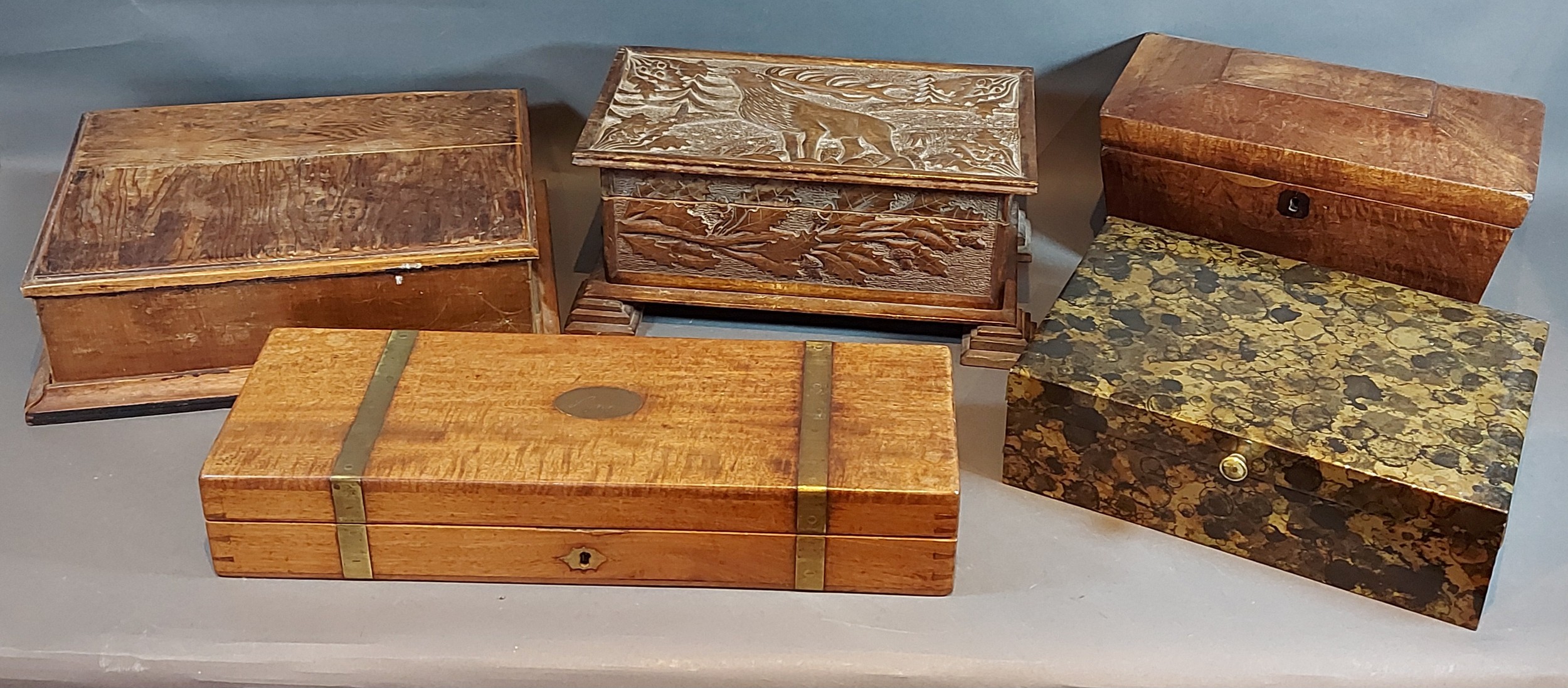 A 19th Century mahogany and brass bound box, (possibly a gun case) together with four other boxes