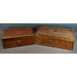 A 19th Century burr walnut foldover writing box, the hinged cover enclosing a fitted interior