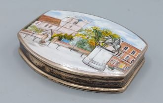 A Sterling silver box, the hinged cover enamel decorated with a view of Petersfield town square,