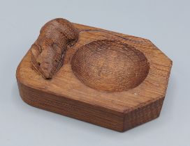 A Robert Mouseman Thompson oak pin tray, decorated with a carved mouse, 10cms long