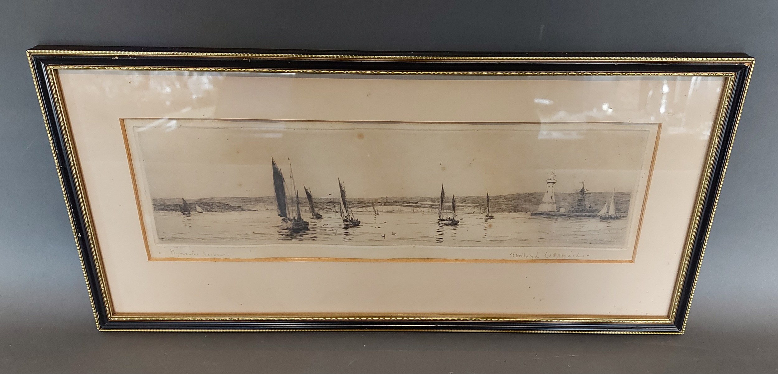 Rowland Langmaid, Plymouth Harbour, etching, signed in pncil, 10cms X 33.5cms