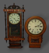 A marquetry inlaid Vienna type wall clock together with an inlaid drop dial wall clock