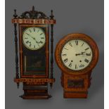 A marquetry inlaid Vienna type wall clock together with an inlaid drop dial wall clock