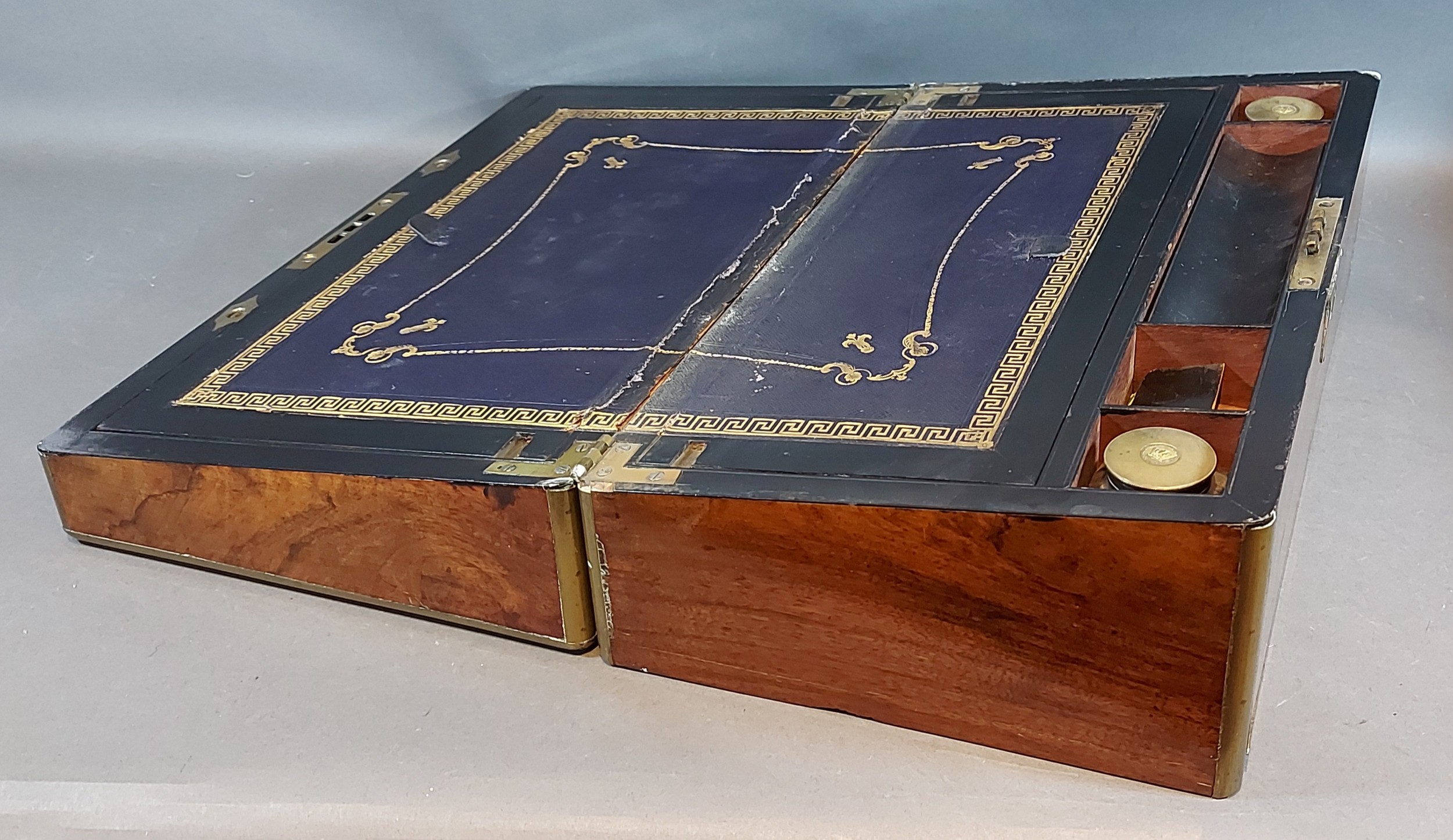 A 19th Century burr walnut foldover writing box, the hinged cover enclosing a fitted interior - Image 3 of 3