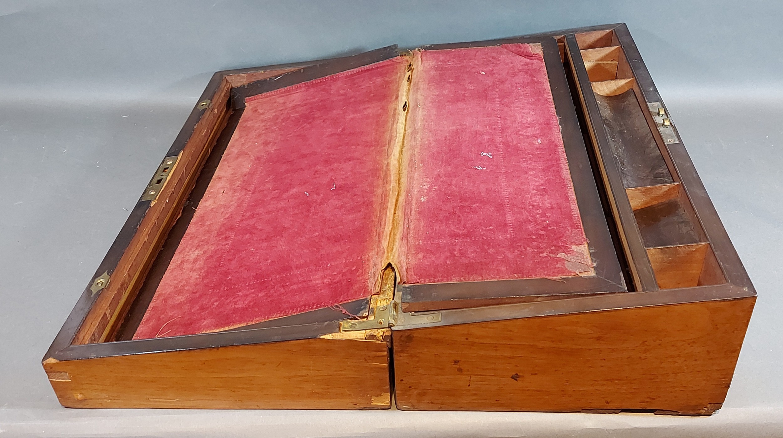 A 19th Century burr walnut foldover writing box, the hinged cover enclosing a fitted interior - Image 2 of 3