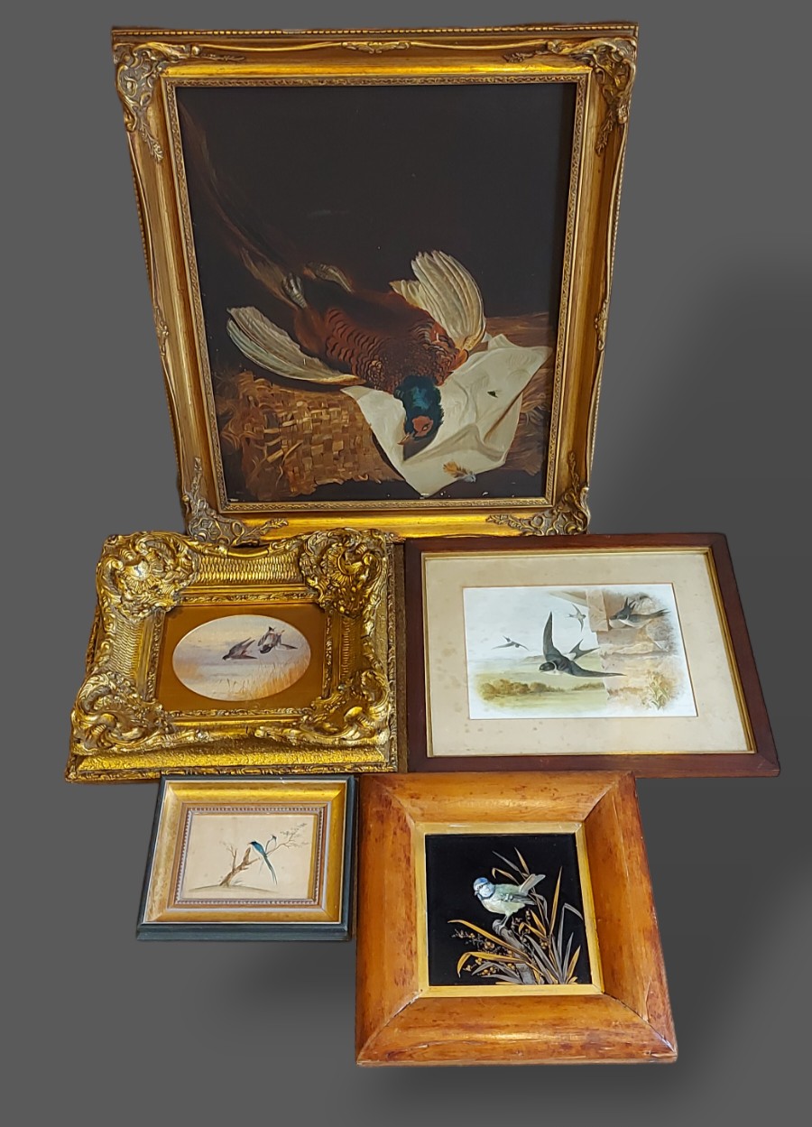 A 20th Century oil on canvas, dead game together with three other pictures depicting birds and a