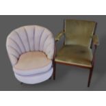 A scallop shell shaped tub chair together with a hardwood carver chair with upholstered back and