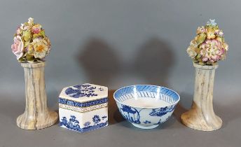 A pair of Trembleuse foliate encrusted ornaments, 20cms tall together with a Chinese bowl and a