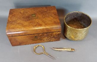 A walnut fold over writing slop, together with a brass jardinière, a Laguiole Rossignol folding