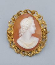 A tested 18ct gold Cameo brooch decorated in relief with a classical bust, 7.2gms, 3.5cms x 3cms