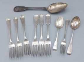 A set of three Victorian silver forks, Exeter 1839 together with three Victorian silver forks, three