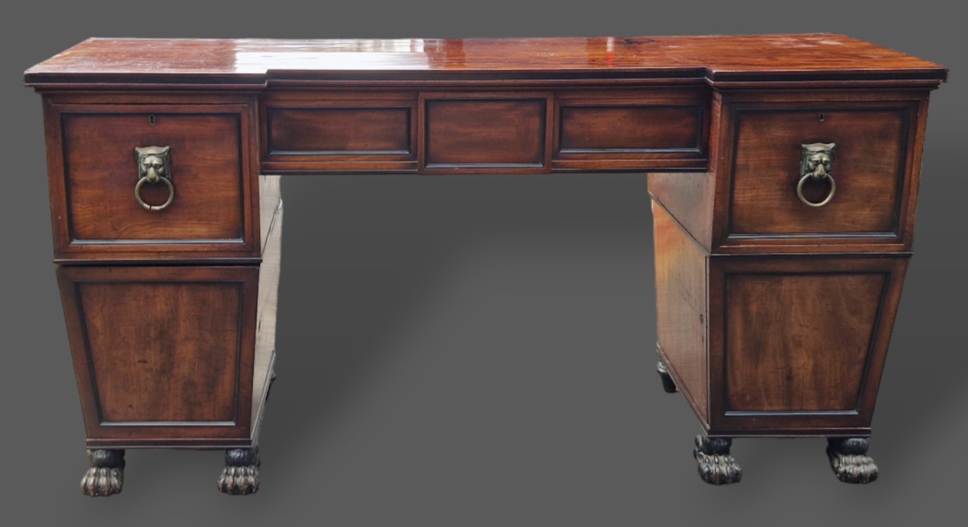 A Regency mahogany twin pedestal sideboard, the moulded top above three drawers and two cupboard - Image 2 of 2