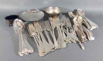 A collection of silver plated flatware together with two bowls and an oval salt