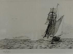 William Lionel Wyllie, sailing vessels at sea, etching, signed in pencil, 17cms x 24cms