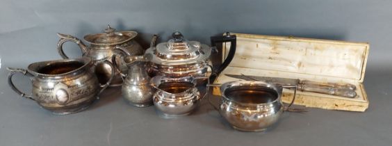 A silver plated three piece tea service by Elkington together with a collection of silver plated