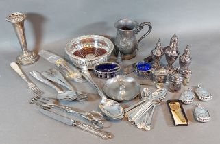 A collection of silver plated condiments together with other plated items to include flatware