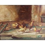 G. Bines, Chickens in a farmyard, oil painting on porcelain panel, 23.5cms x 29cms
