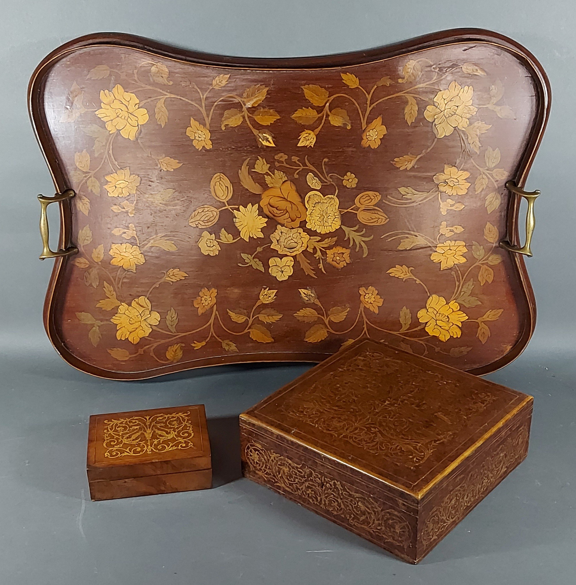 A marquetry inlaid two handled galleried tray together with two marquetry inlaid boxes