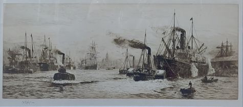 William Lionel Wyllie, The Clyde At Govan, etching, signed in pencil, 22cms x 51cms