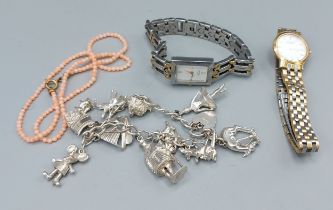 A 925 silver charm bracelet together with two Rotary ladies wristwatches and a coral necklace