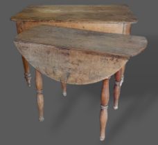 A 19th Century pine farmhouse table, 120cms x 81cms together with a drop flap dining table