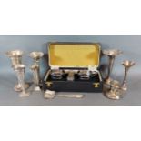 A Birmingham silver three piece condiment set within fitted case together with six silver spill