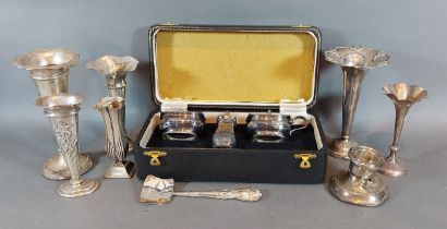 A Birmingham silver three piece condiment set within fitted case together with six silver spill