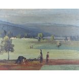 Indistinctly signed, figures in a field within a rural setting, oil on canvas, 30cms x 38cms