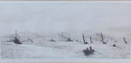 William Lionel Wyllie, The Forth Bridge with rowing boat and sailing vessels, etching, inscribed