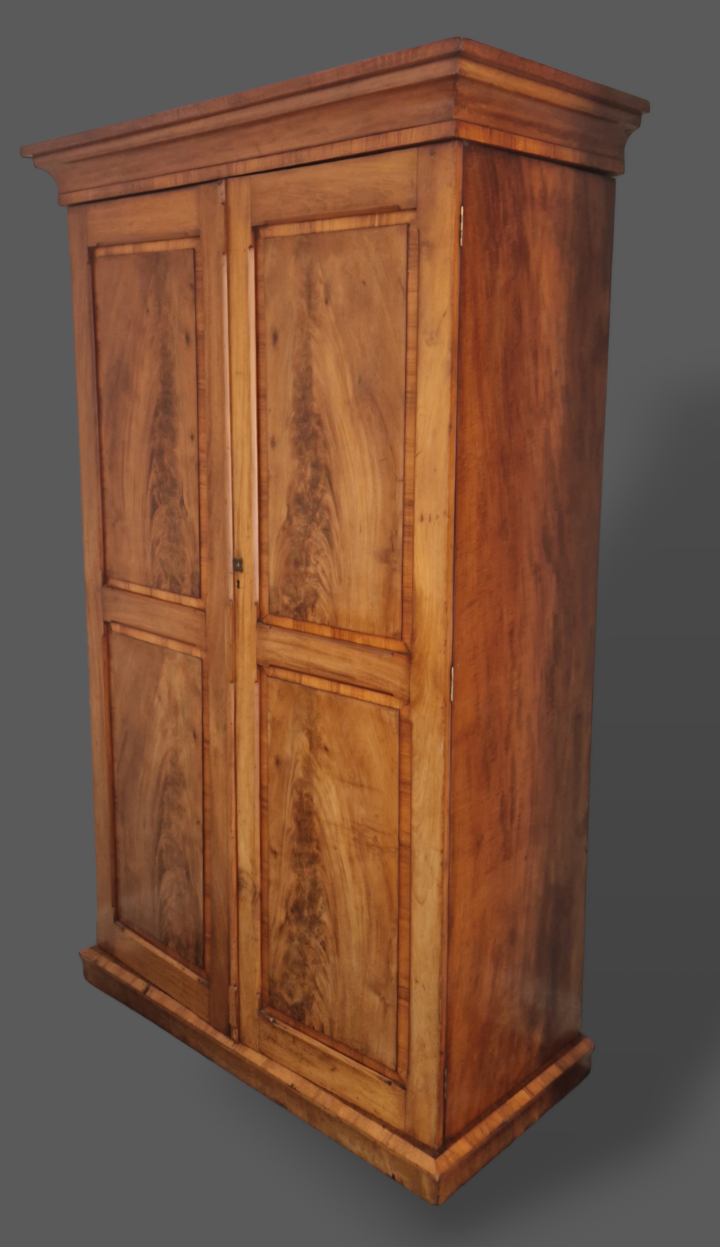 A 19th Century mahogany wardrobe, the moulded cornice above two panel doors enclosing hanging