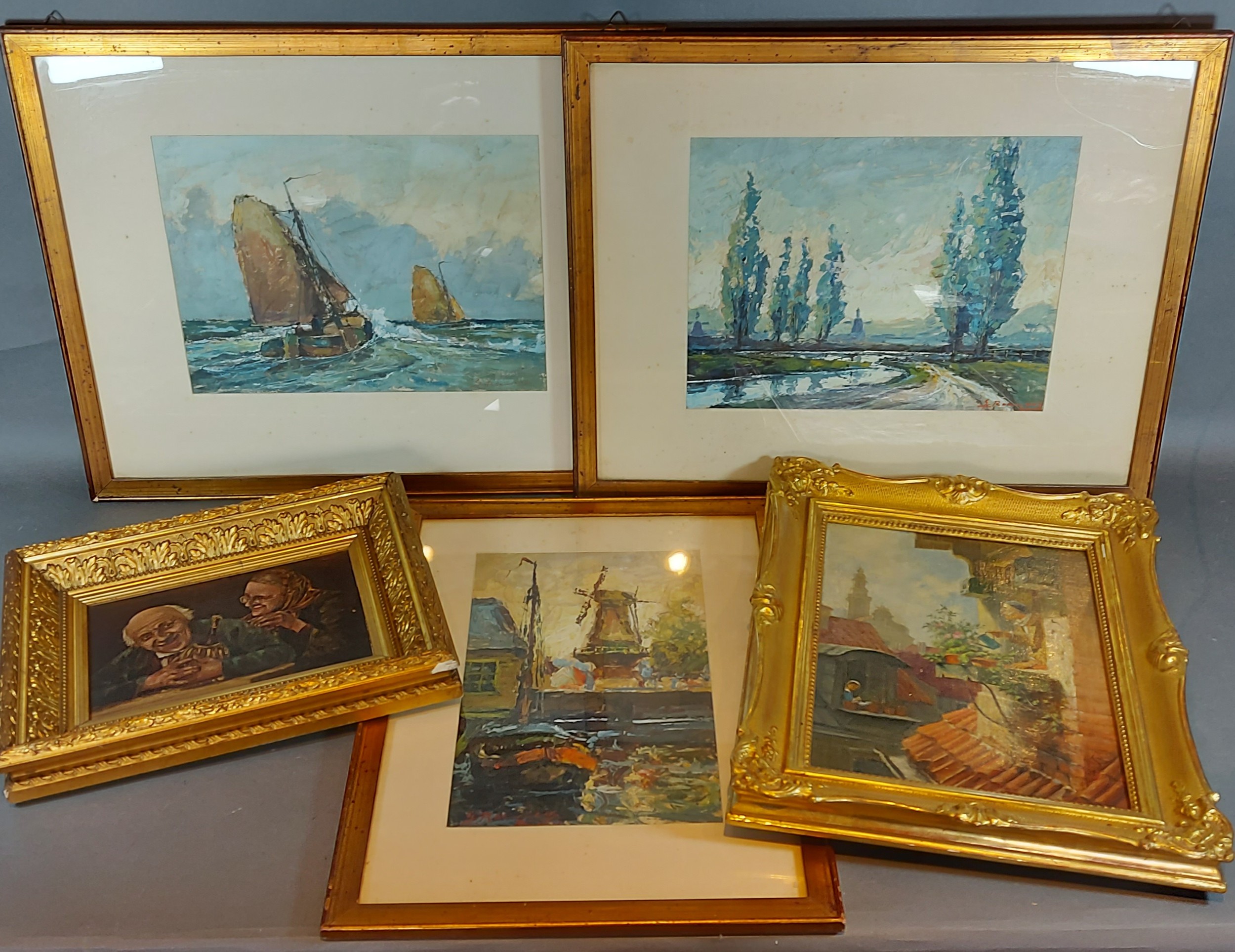 Indistinctly signed, a group of three Dutch oil paintings together with two other similar pictures