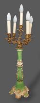 A 19th Century French Ormolu and porcelain five branch candelabrum of scroll form, the green and