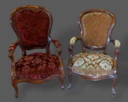A French mahogany drawing room armchair together with another similar armchair