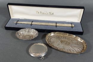 A Franklin Mint 925 silver paper knife together with a London silver pin tray, a Birmingham silver