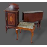An Edwardian mahogany bedside cupboard together with a Sutherland table, a marble topped side