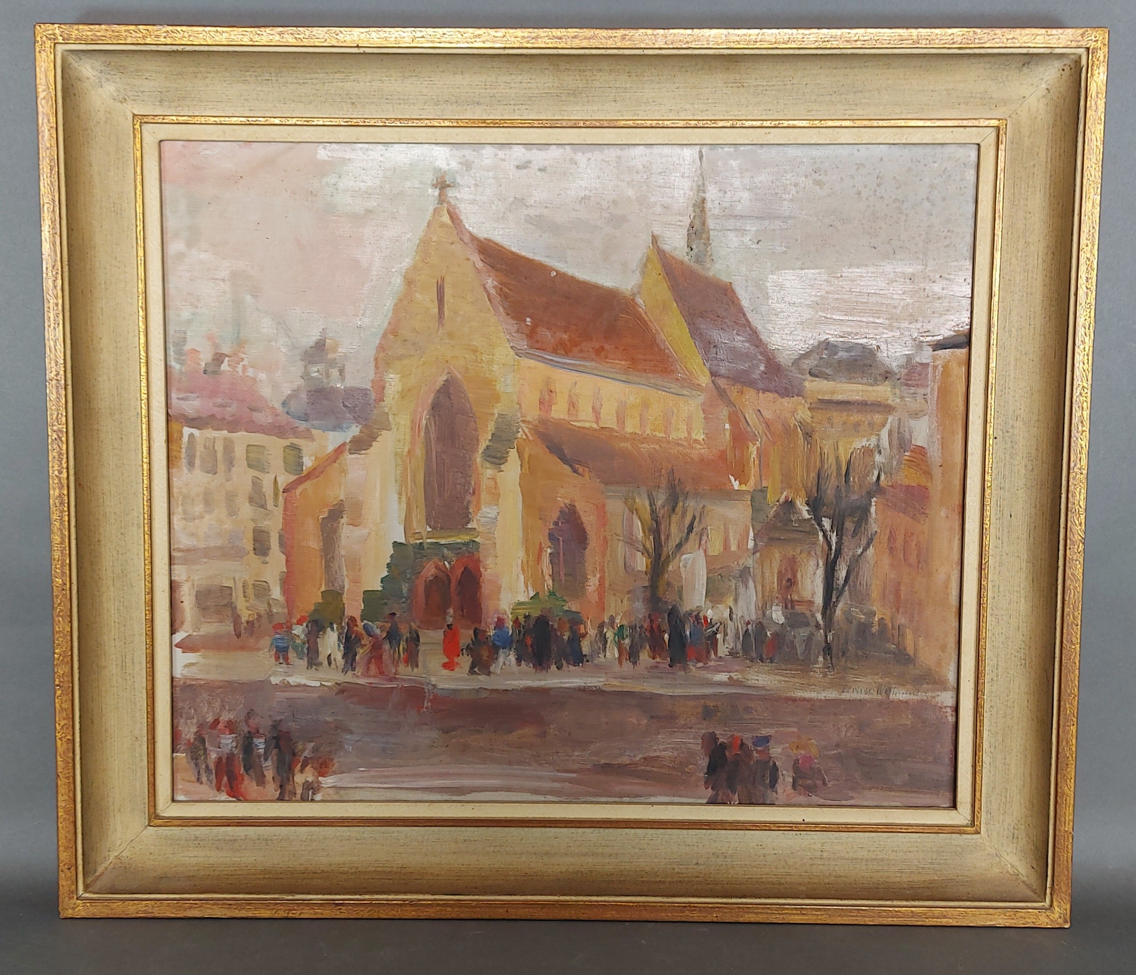 Louise Weitnauer, figures before a church, oil on canvas signed and dated 1955, 40cms x 48cms - Image 2 of 3