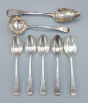 A set of five George III silver dessert spoons, London 1788, maker William Soame together with a