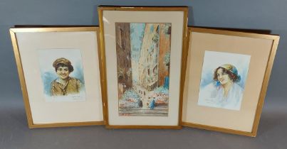 Italian street scene, watercolour, signed, together with a pair of portrait watercolours