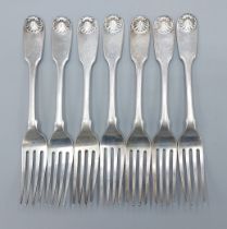 A set of seven William IV table forks, London 1828, maker William Eaton, 10ozs