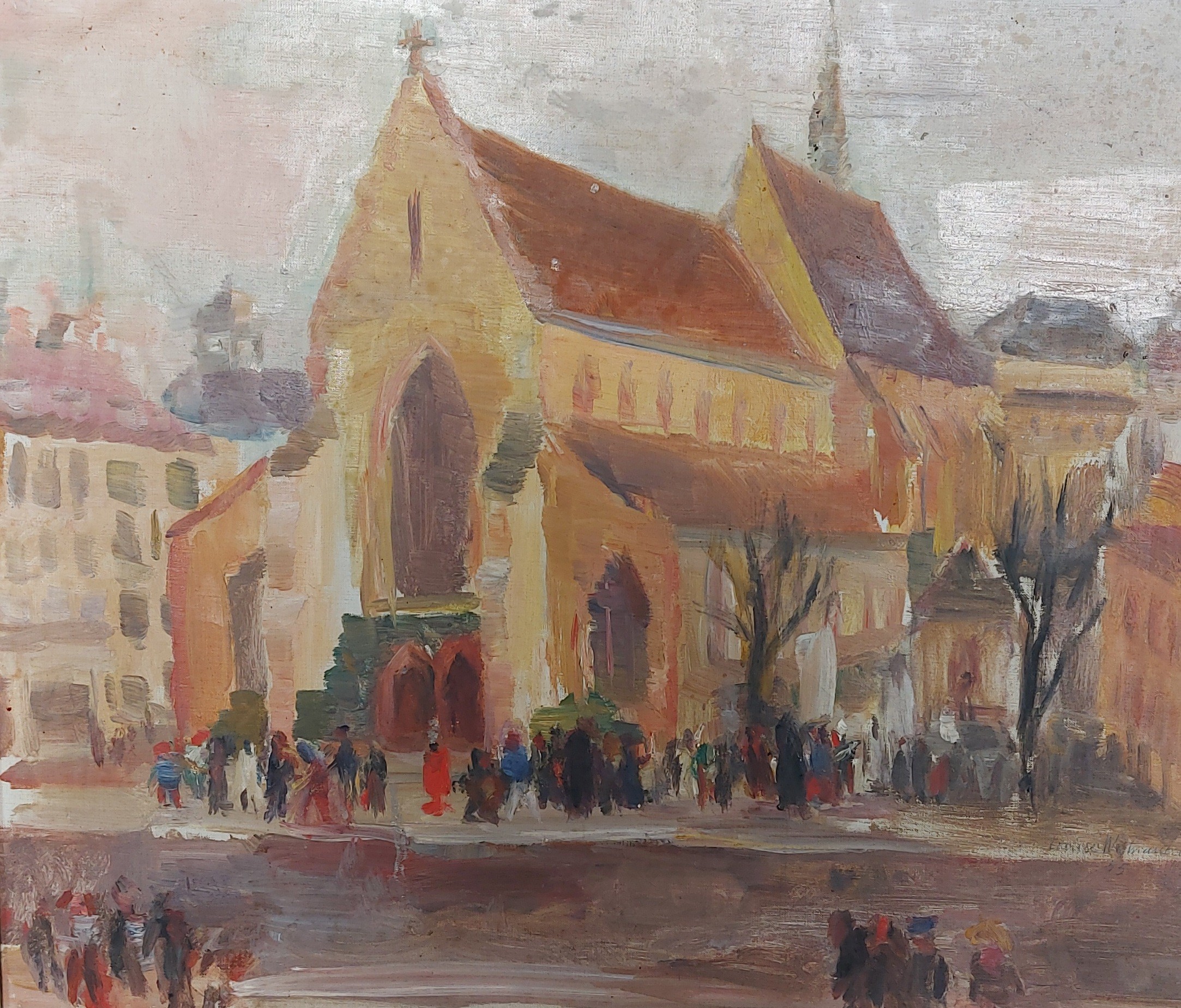 Louise Weitnauer, figures before a church, oil on canvas signed and dated 1955, 40cms x 48cms