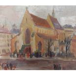 Louise Weitnauer, figures before a church, oil on canvas signed and dated 1955, 40cms x 48cms