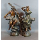 Francois Moreau, a pair of patinated spelter models in the form of a man with oars and basket of