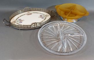 An Art Deco frosted glass comport with chromium base, together with a cut glass hors d'oeuvres