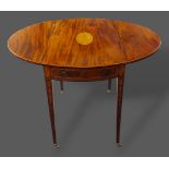 A 19th Century inlaid oval Pembroke table, the shell inlaid top above square tapering legs, 77cms